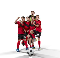 Plakat five teenage soccer players celebrating victory isolated on white