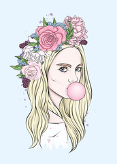 Beautiful girl in wreath of roses and peonies. Girl with long hair. Vector illustration for a postcard or a poster, print for clothes. Fashion & Style. Vintage.