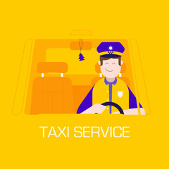 Taxi service concept with smiling male character driving car in cap and uniform. Public auto transport. City cab service with happy taxi driver man in cabin. Illustration for UI and applications.