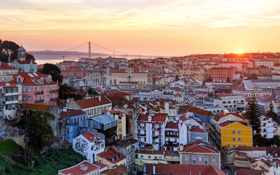 Lisbon historic city at sunset, Portugal