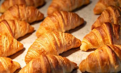 Croissants in a bakery shop. freshly baked croissants on texture background.