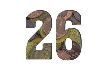 26 Number. Different worlds coins texture. Percent and Discount theme. White isolated