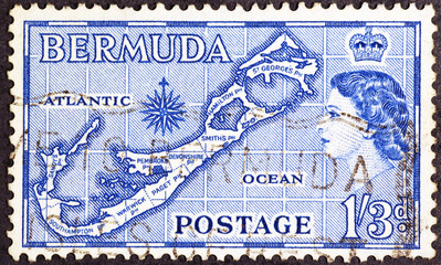 Map of Bermuda on old postage stamp