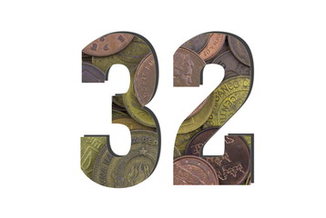 Naklejka premium 32 Number. Different worlds coins texture. Percent and Discount theme. White isolated