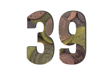 39 Number. Different worlds coins texture. Percent and Discount theme. White isolated