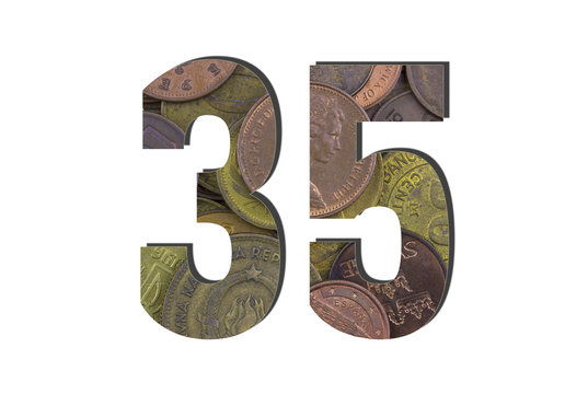 35 Number. Different worlds coins texture. Percent and Discount theme. White isolated