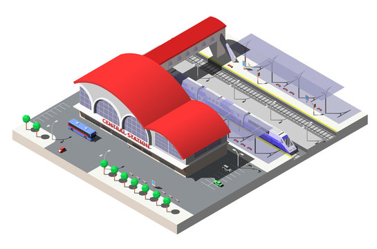 Railway station building, platforms and train. Vector isometric illustration
