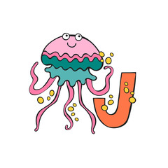 English letter J. Jellyfish. Isolated vector object on white background.