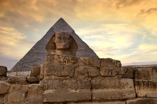 Sphinx and Pyramid at dusk, Giza, Cairo