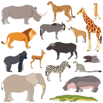 Vector illustration of cute african animals isolated on white background, such as elephant, zebra, giraffe, hippo, gorilla...