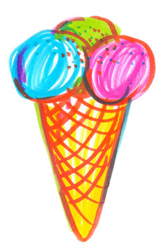 Cone with colorful ice cream painted in bright neon felt tip pen on clean white background