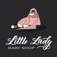Hand lettering of logo little lady on chalkboard. Modern calligraphy.Template of logotype for clothes shop for femal, label, icon, tag, banner, background. Inscription for packing product