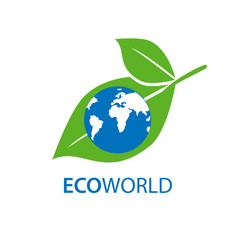 Globe on a green leaf. Symbol of ecology and caring for nature.  Planet and eco symbol or icon. Natural, organic logotype design template. Text ECO world. 