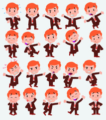 Cartoon character businessman. Set with different postures, attitudes and poses, doing different activities in isolated vector illustrations.