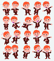 Cartoon character businessman. Set with different postures, attitudes and poses, doing different activities in isolated vector illustrations.