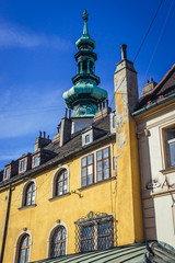 Town houses and part of a St Michael gate tower in historic part of Bratislava city, Slovakia