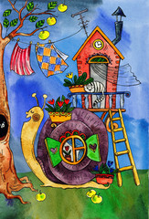 watercolor illustration, snail house with roof and pipe