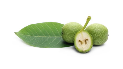 Organic young, green apples with leaf isolated on white background