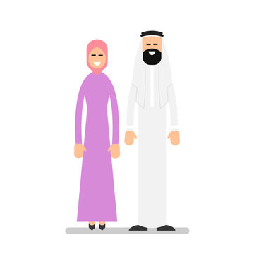Arab couple. Arabic man and woman in traditional clothes standing together. Cartoon illustration isolated on white background in flat style