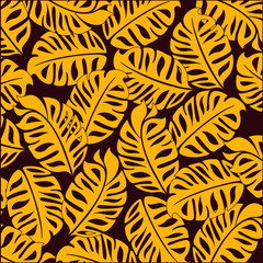 Bright tropical design. On a dark maroon  background bright yellow  tropical leaves.