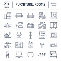 Furniture vector flat line icons. Living room tv stand, bedroom, home office, kitchen corner bench, sofa, nursery, dining table, bedding. Thin signs collection for modern interior store.