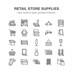 Fototapeta premium Retail store supplies line icons. Trade shop equipment signs. Commercial objects - cash register, basket, scales, shopping cart, shelving, display cases. Pixel perfect 64x64.