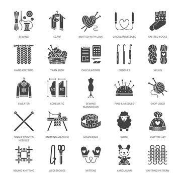 Knitting, crochet, hand made flat glyph icons set. Needle, hook scarf, socks, pattern, wool skeins, DIY equipment. Signs, logo for yarn or tailor store. Solid silhouette pixel perfect 128x128.