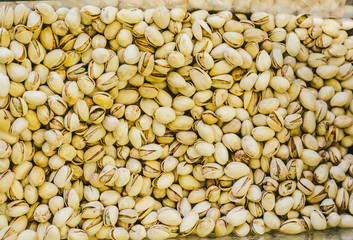 Nuts in the box. Non-packaged Nuts in the supermarket.