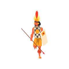 Fototapeta premium Armed tribal male warrior in traditional clothing and headdress with spear and shield vector Illustration on a white background