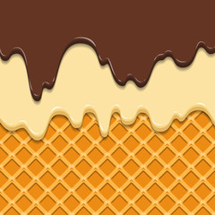 Pattern waffle texture melts frosting ice cream dripping. Glossy streaks chocolate vanilla cream crispy cone. Cartoon picture for web, advertising, banner, business card. Vector illustration.