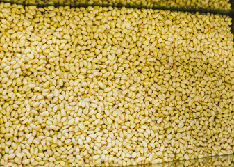 Nuts in the box. Non-packaged Nuts in the supermarket.