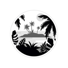 Fototapeta na wymiar Tropical scenery withisland and palm trees, monochrome landscape in geometric round shape design vector Illustration on a white background