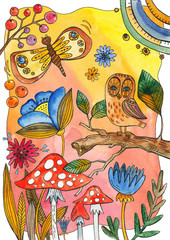 watercolor collection of plants and flowers, bird owl on a branch