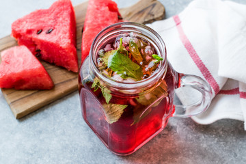 Watermelon Fruit Juice with Mint Leaves in Mason Jar