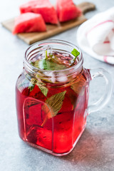 Watermelon Fruit Juice with Mint Leaves in Mason Jar