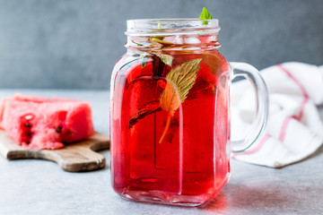 Watermelon Fruit Juice with Mint Leaves in Mason Jar
