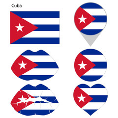 Flag of Cuba, set. Correct proportions, lips, imprint of kiss, map pointer, heart, icon. Abstract concept. Vector illustration on white background.