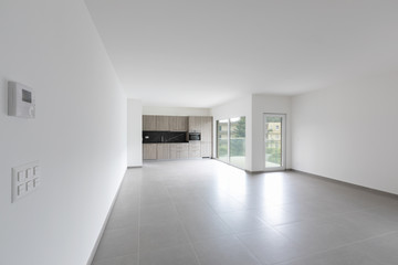 Large living room and completely white kitchen in a modern open space