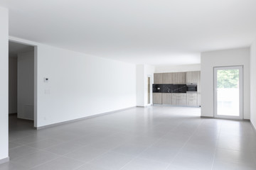 Large living room and completely white kitchen in a modern open space