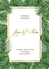 Trendy Summer Tropical Leaves Design. Wedding invitation.