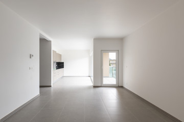 Large living room and completely white kitchen in a modern open space