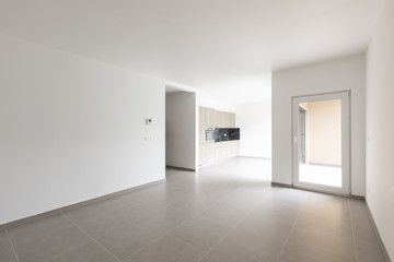 Large living room and completely white kitchen in a modern open space
