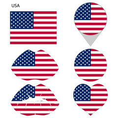 Flag of the United States Of America, set. Correct proportions, lips, imprint of kiss, map pointer, heart, icon. Abstract concept. Vector illustration on white background.