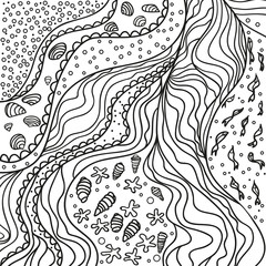 Square pattern with lines and waves. Nautical background. Line art creation. Zen art. Decorative style. Zentangle. Coloring book. Design for spiritual relaxation for adults
