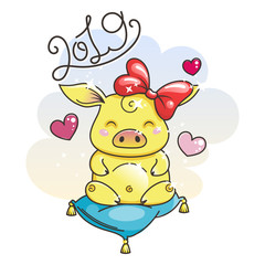 Cute cartoon pig in love. Symbol of New 2019 Year