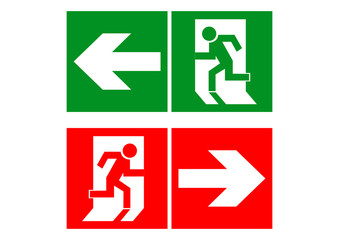 Safe sign. The exit icon. Emergency exit. Green icon and red icon on a white background. Vector illustration.