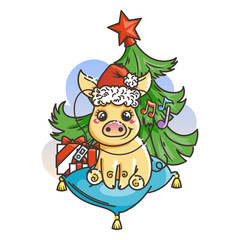 Fototapeta premium Happy New 2019 Year card with cartoon golden baby pig. Small symbol of holiday.