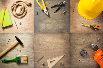 set of tools at wooden background