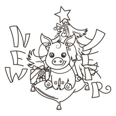 Happy New 2019 Year card with cartoon baby pig. Small symbol of holiday.