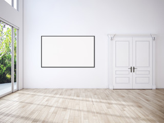 Modern bright interiors empty room with mockup poster frame 3D rendering illustration